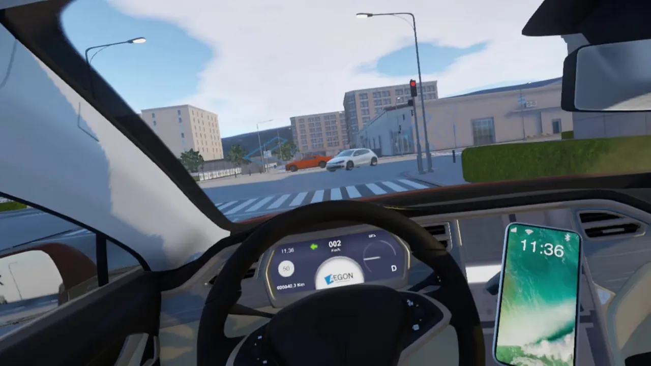Driving in VR: the virtual phone signals a message beside the dashboard