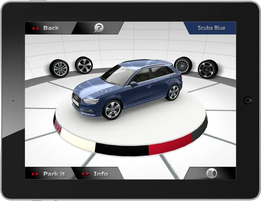 An Audi A3 in Scuba Blue on the stage, iPad view