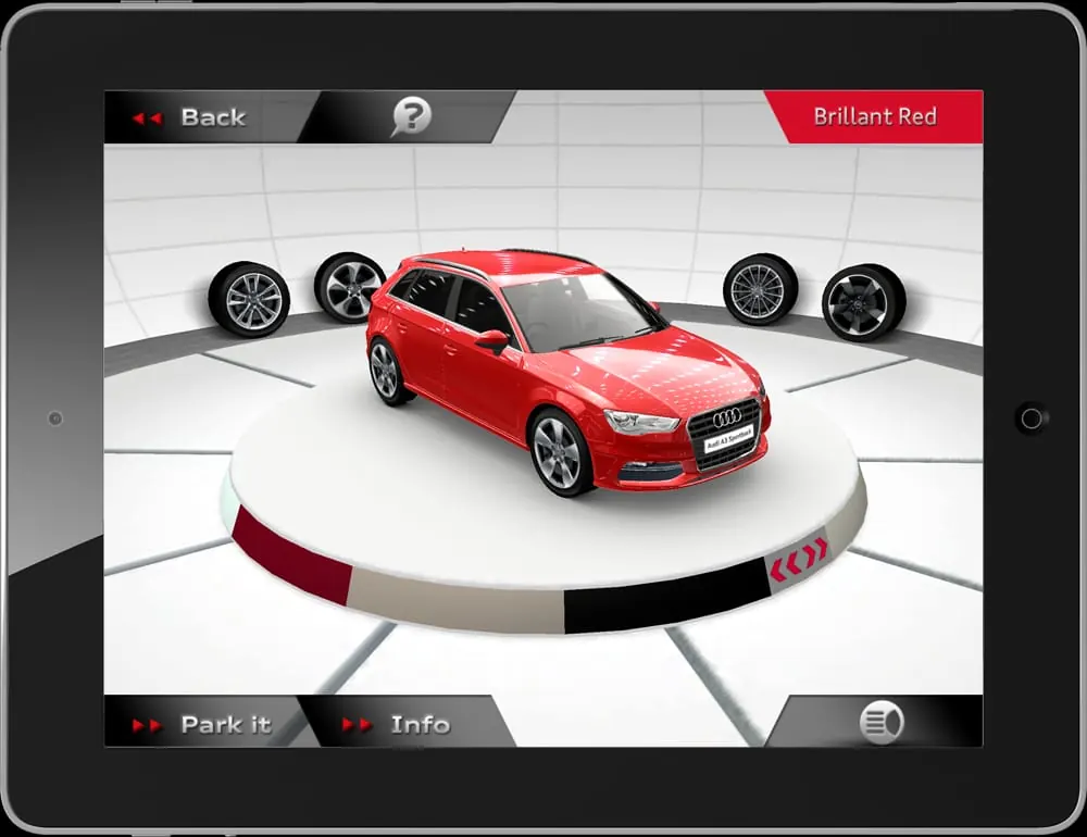 A red Audi A3 Sportback on the rotating ColorStage, on iPad