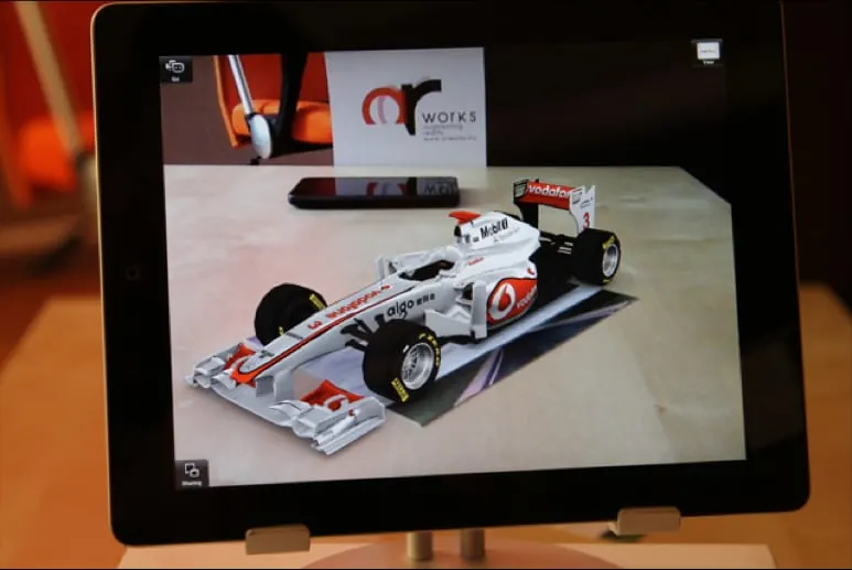 An AR Formula 1 car on an iPad screen