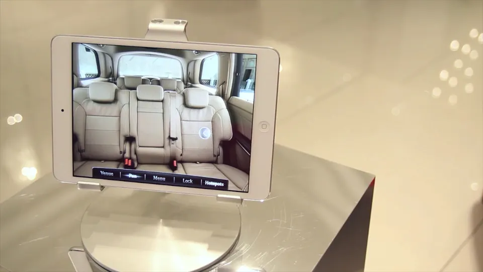 The GL500 interior on an iPad, on a stand, on a showroom counter