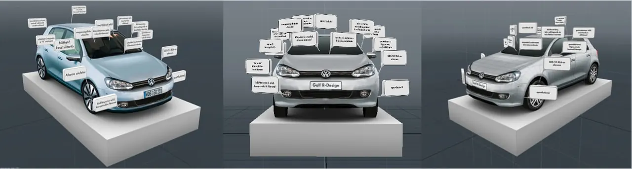 The Golf R-Design in three views, with callouts, on a pedestal