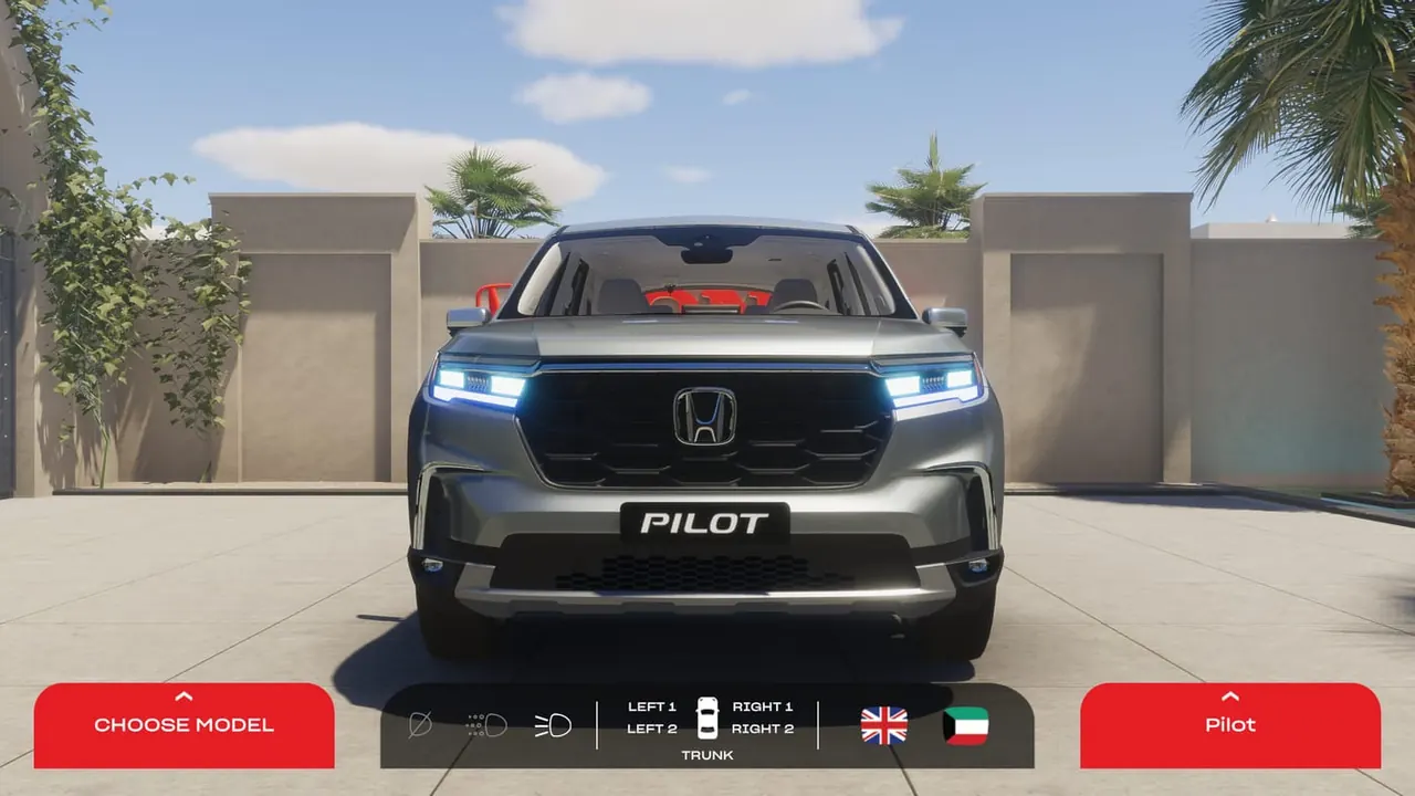Honda Pilot from the front; the model selector, view switch and language bar below