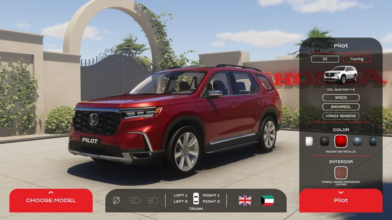 A red Honda Pilot with the configurator interface