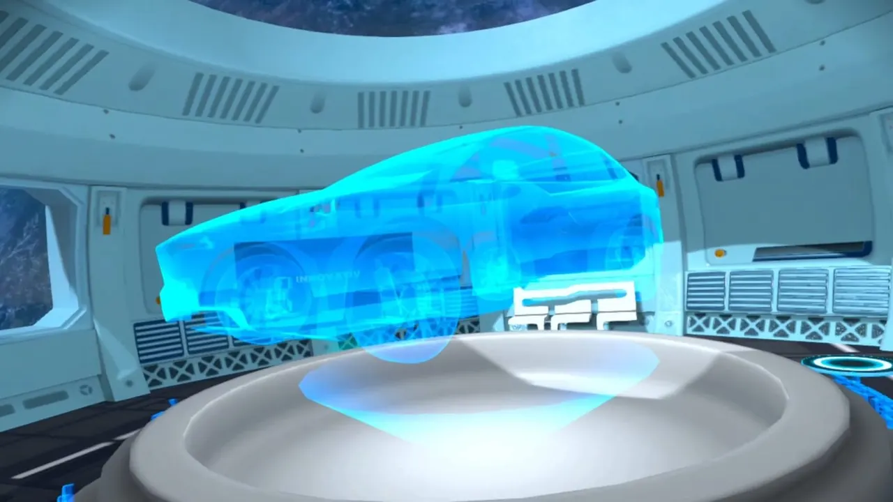 An electric car appearing as a hologram in a room of the virtual space station