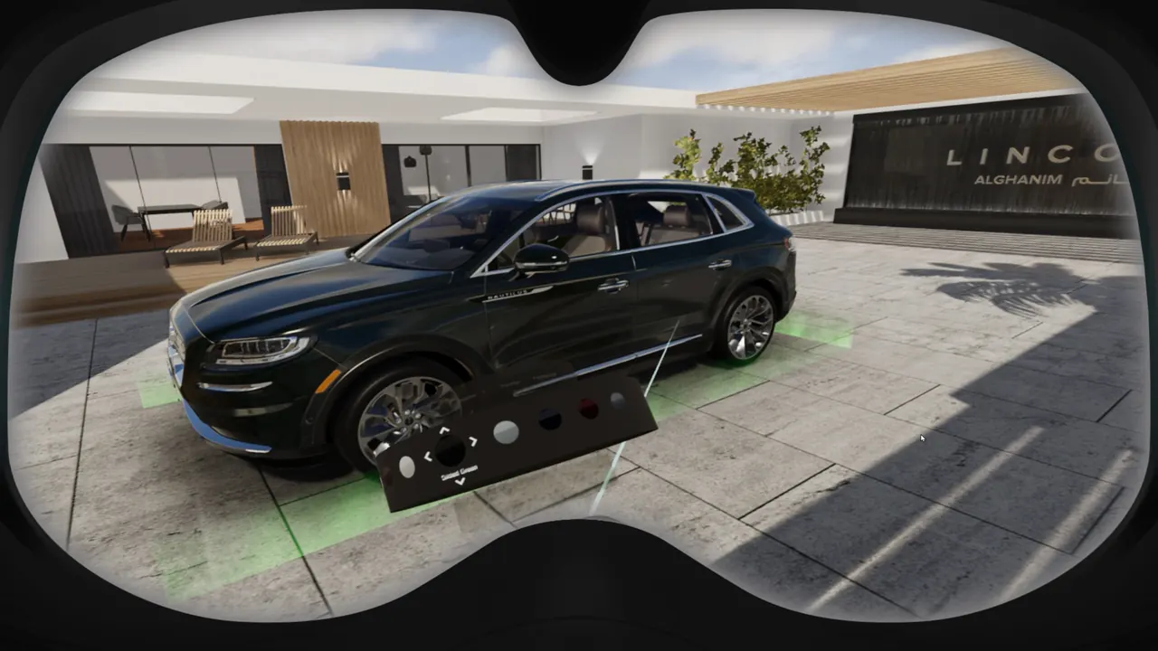 Lincoln in VR: the car in front of the villa, a green selection ring on the floor, seen through the headset