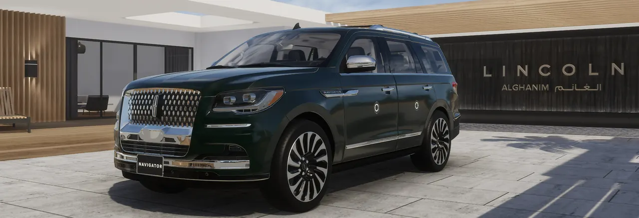A Lincoln Navigator in a modern villa garden, in front of the Lincoln sign