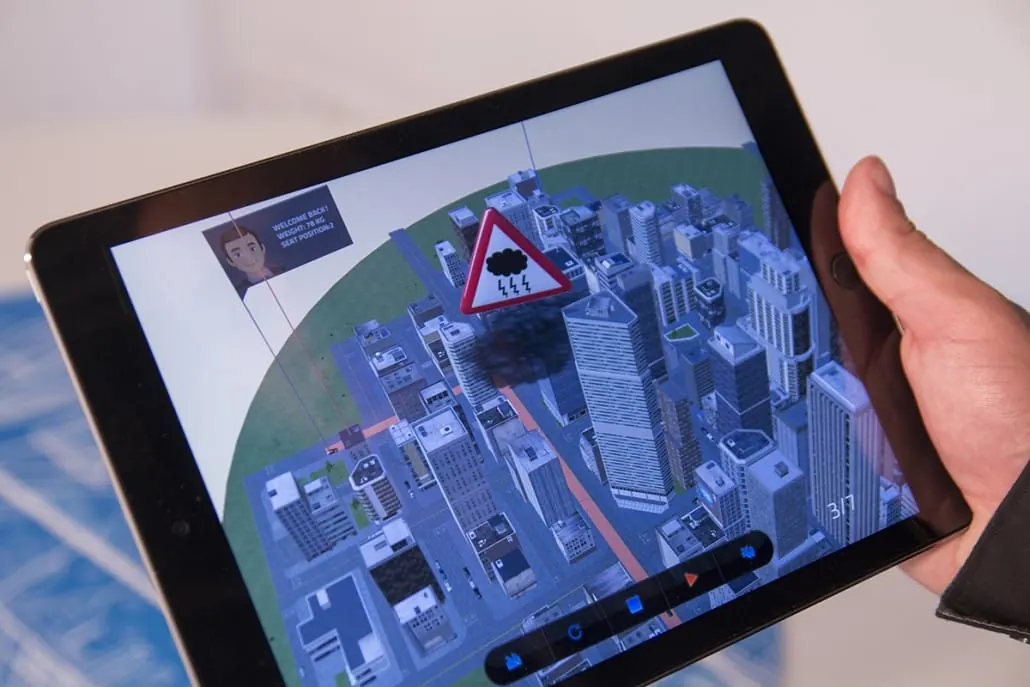 An urban AR scene on a tablet screen: traffic signs among the buildings