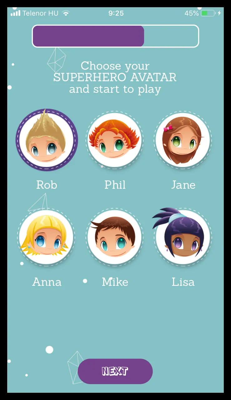 Character selection screen: six child characters to choose from