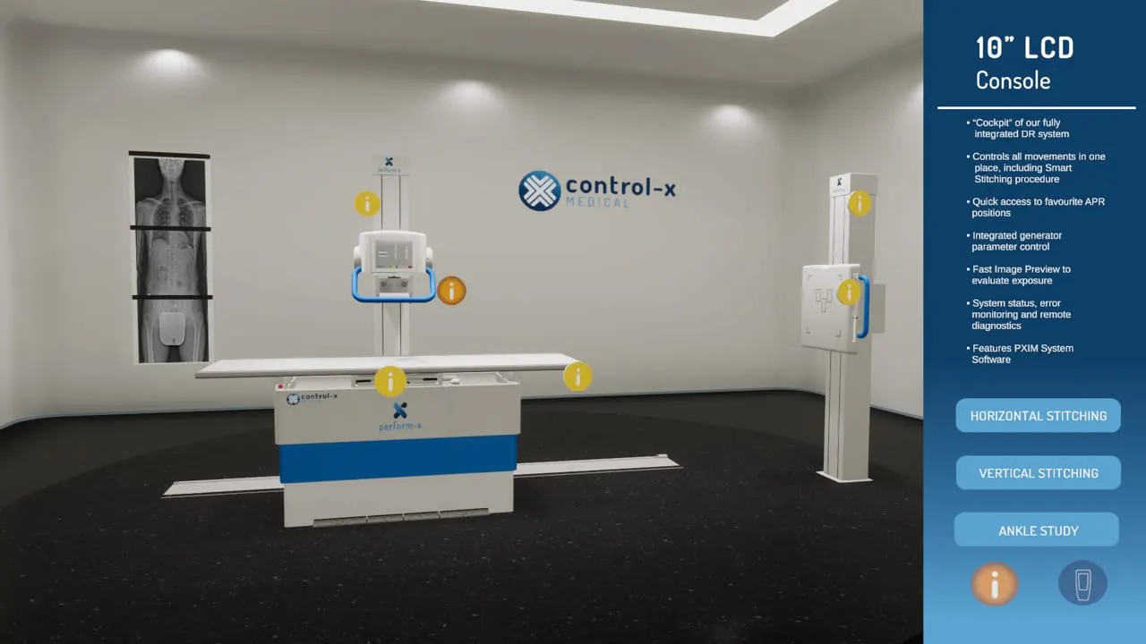The virtual X-ray room with markers for the main functions and the details panel