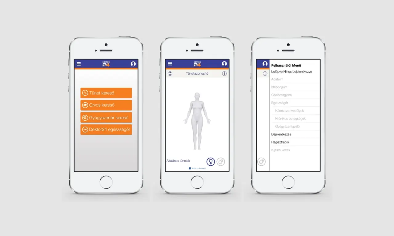 Three phones with a body figure and a map — a healthcare application