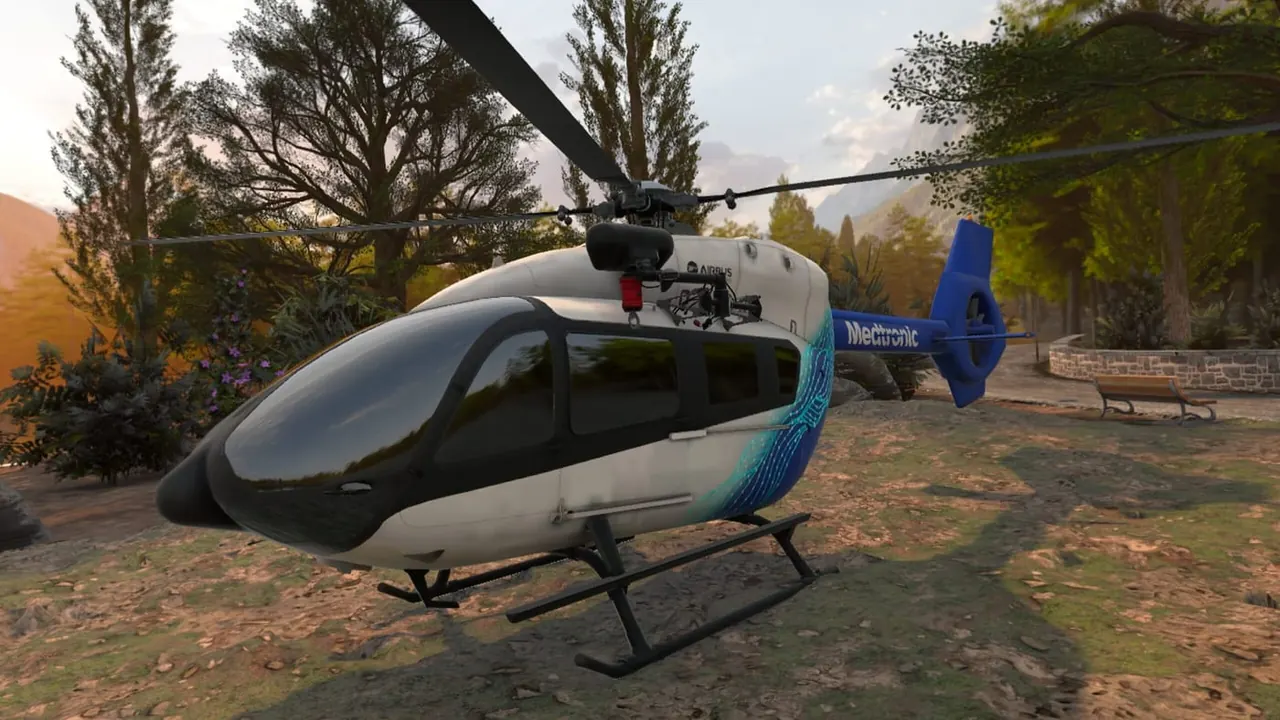A rescue helicopter by the lake on the start screen of the VR simulator