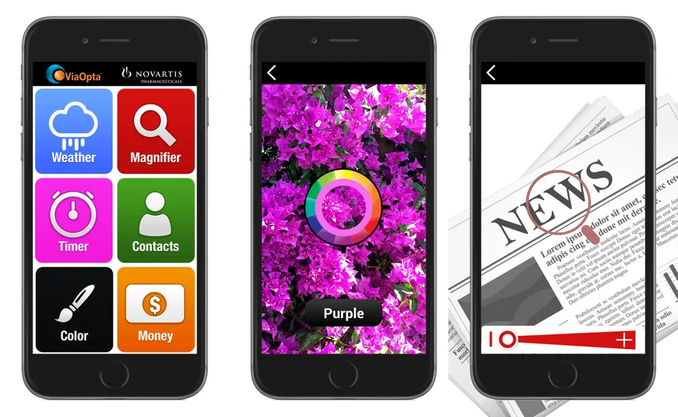 The ViaOpta Daily home screen with large colourful buttons: weather, magnifier, timer, contacts, colour, money