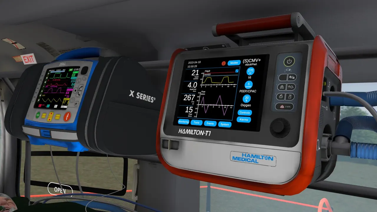 A patient monitor and defibrillator in the helicopter cabin