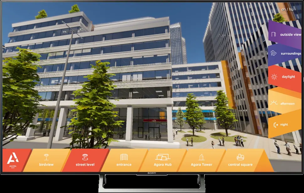 The Agora office buildings at street level, with trees; the view selector bar below