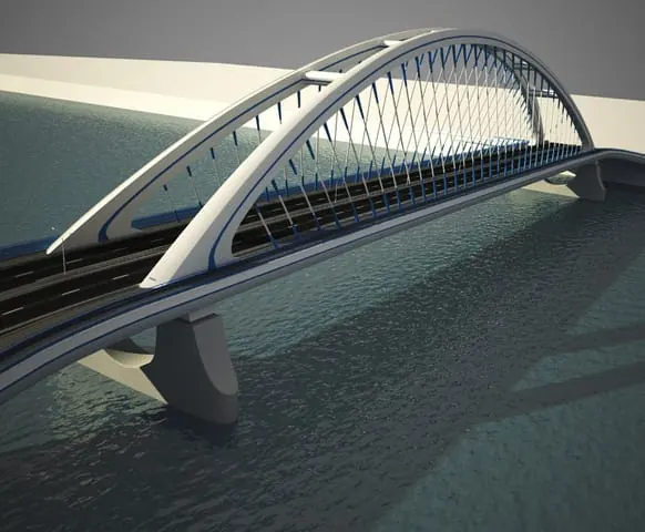 A rendered image of an arch bridge above a river
