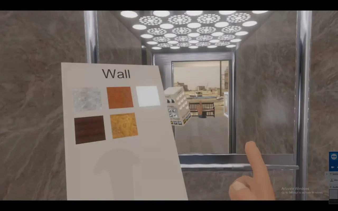 Inside the virtual elevator: a wall-mounted material sample panel, a hand choosing