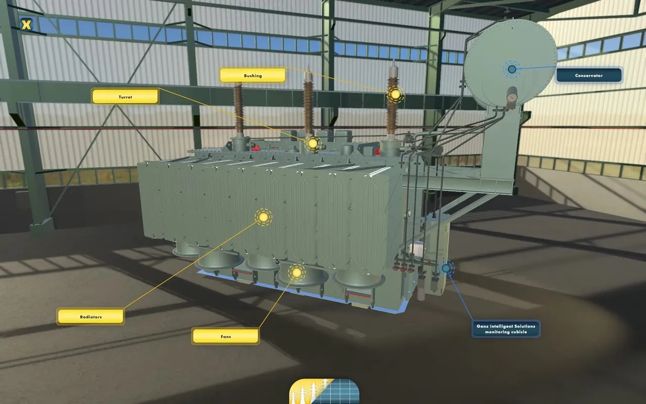 The 3D model of the transformer in the hall, with explanatory labels