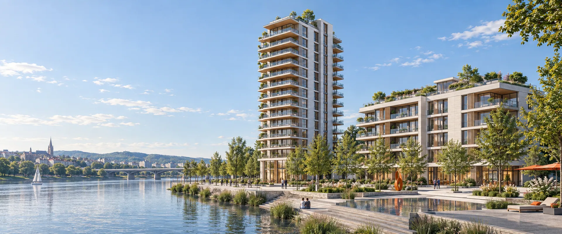 A fictional riverside residential quarter: a sixteen-storey tower and a seven-storey block — as a blueprint on the left and a render on the right