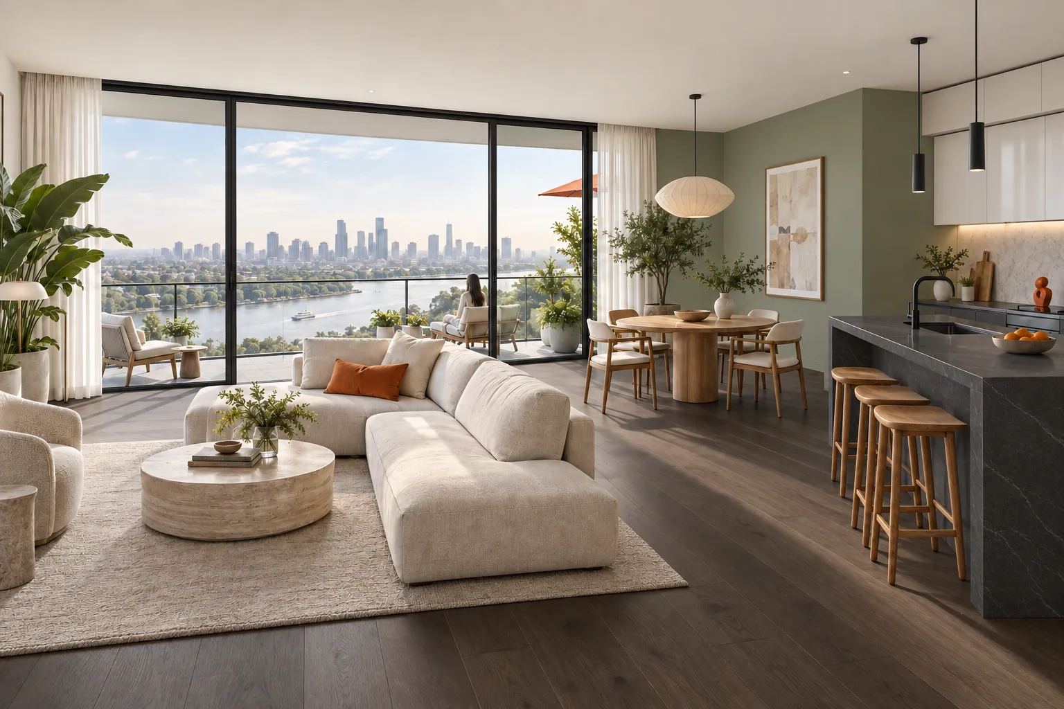 A living-kitchen with a smoked oak floor, sage green and charcoal tones (concept illustration)