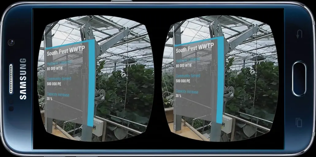 Inside the palm house in a Gear VR two-eye view, with an explanatory panel