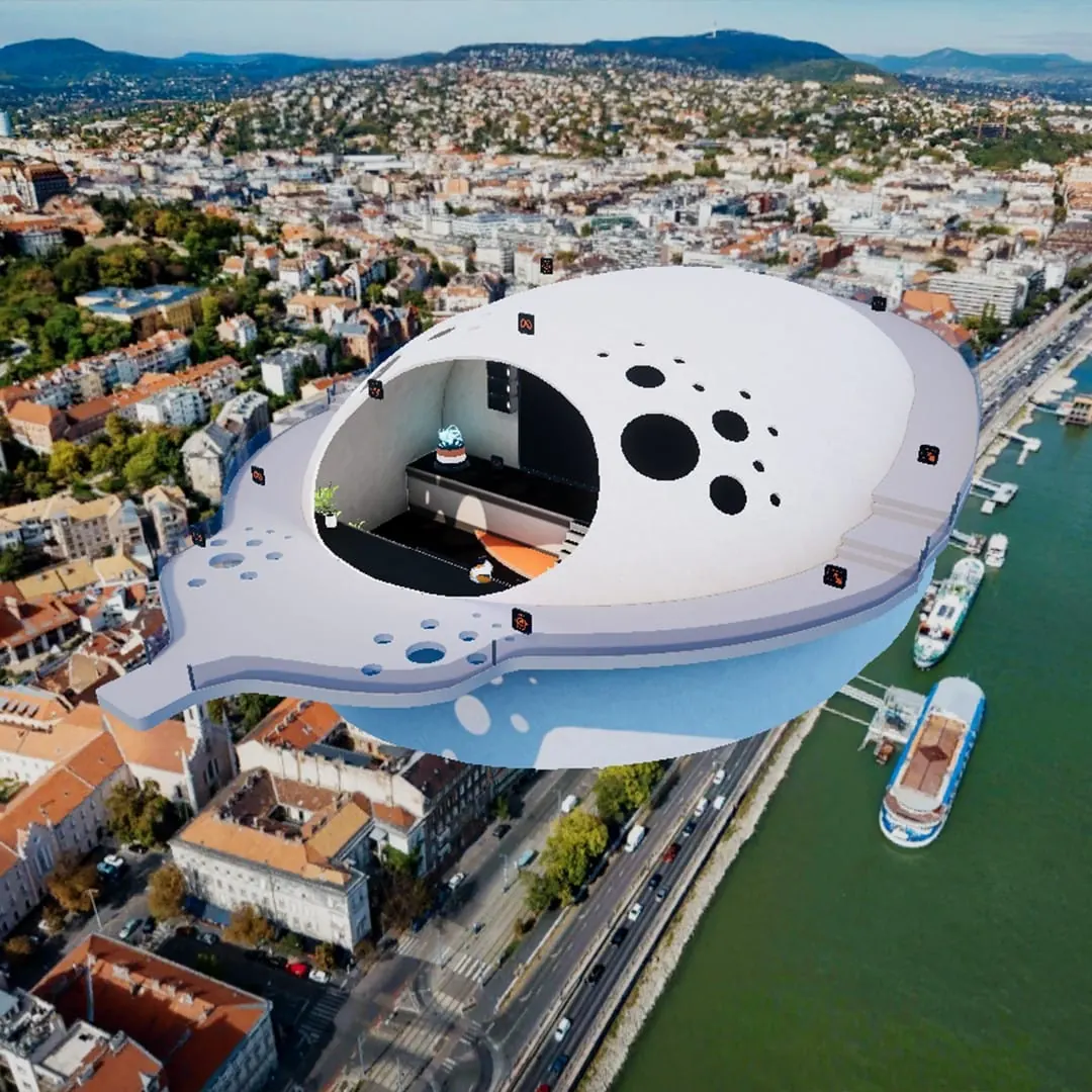 A white, organic-shaped virtual building above the Danube bank in Budapest