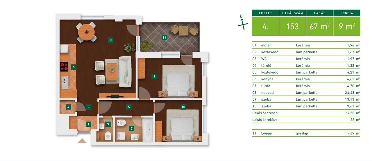 A colour floor plan of an apartment with room sizes