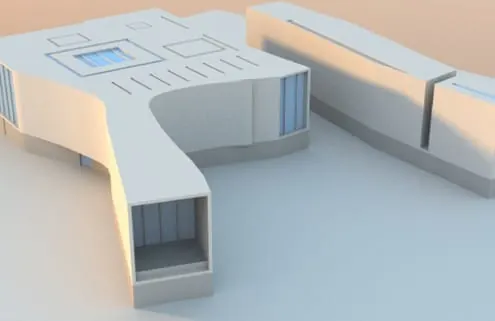 A white 3D model of a curved, modern building