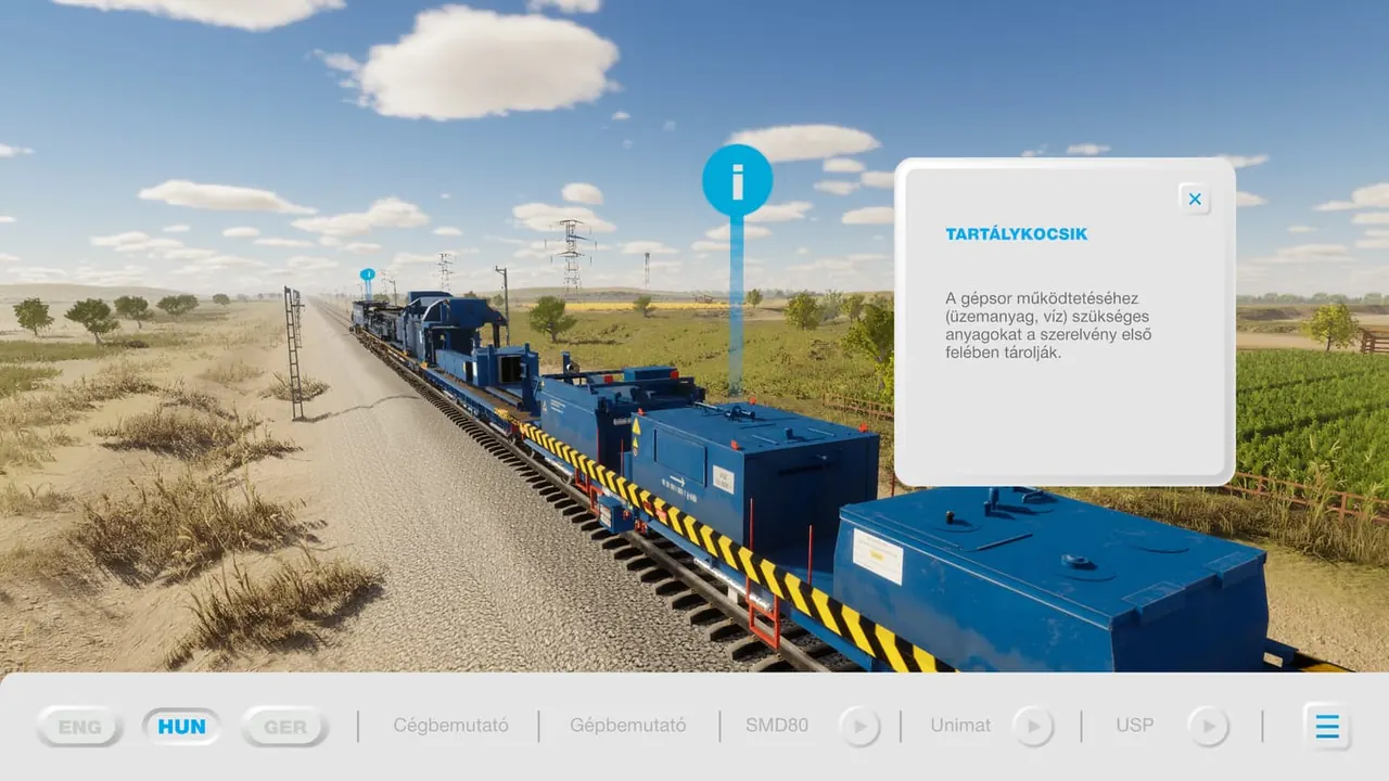 A railway construction machine on the track, with explanatory markers and a panel