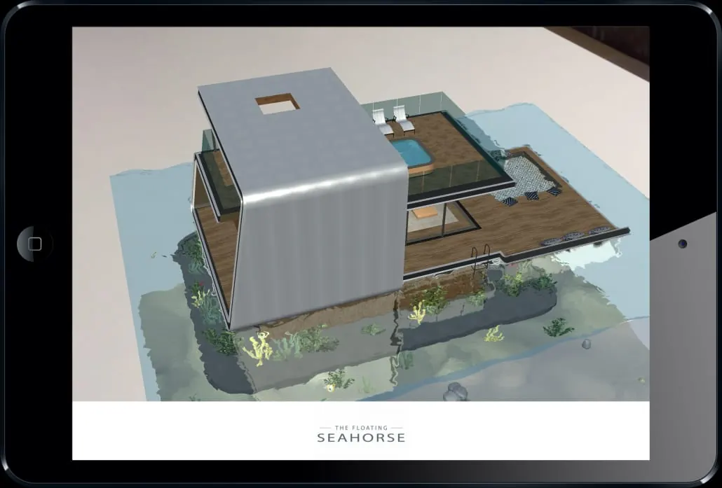 The floating villa’s AR model on the iPad screen, side view