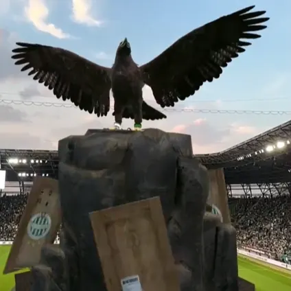 A Fradi-sas kitárt szárnyakkal a sziklatömb tetején, a stadion fölött
