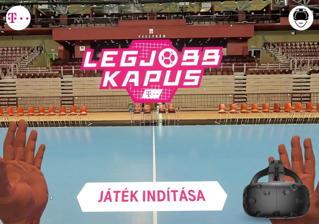 A „Legjobb kapus” menü: játék indítása, VR-szemüveg és kezek a kézilabdacsarnokban