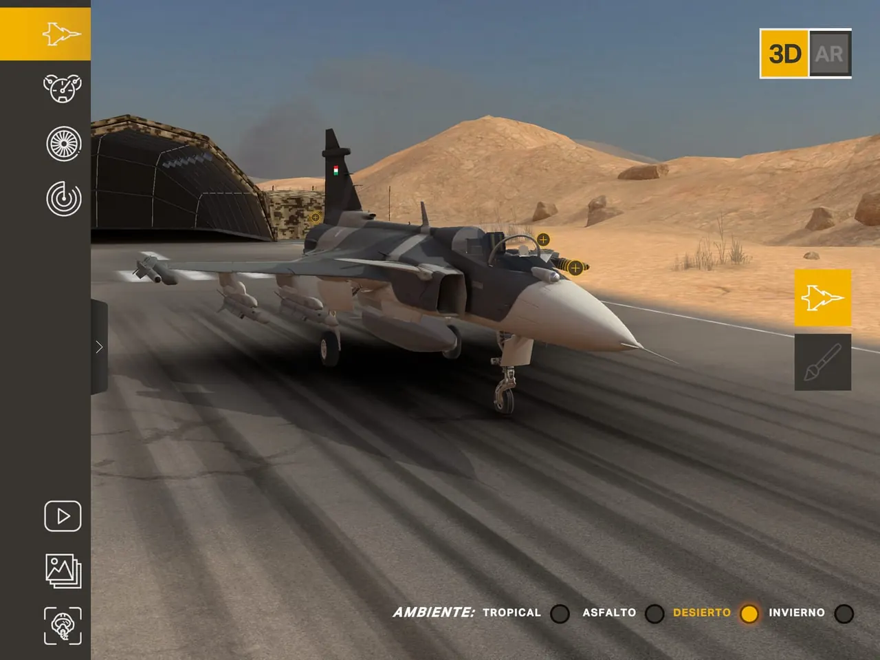 Gripen E AR: the fighter in a desert setting inside the Saab mobile app