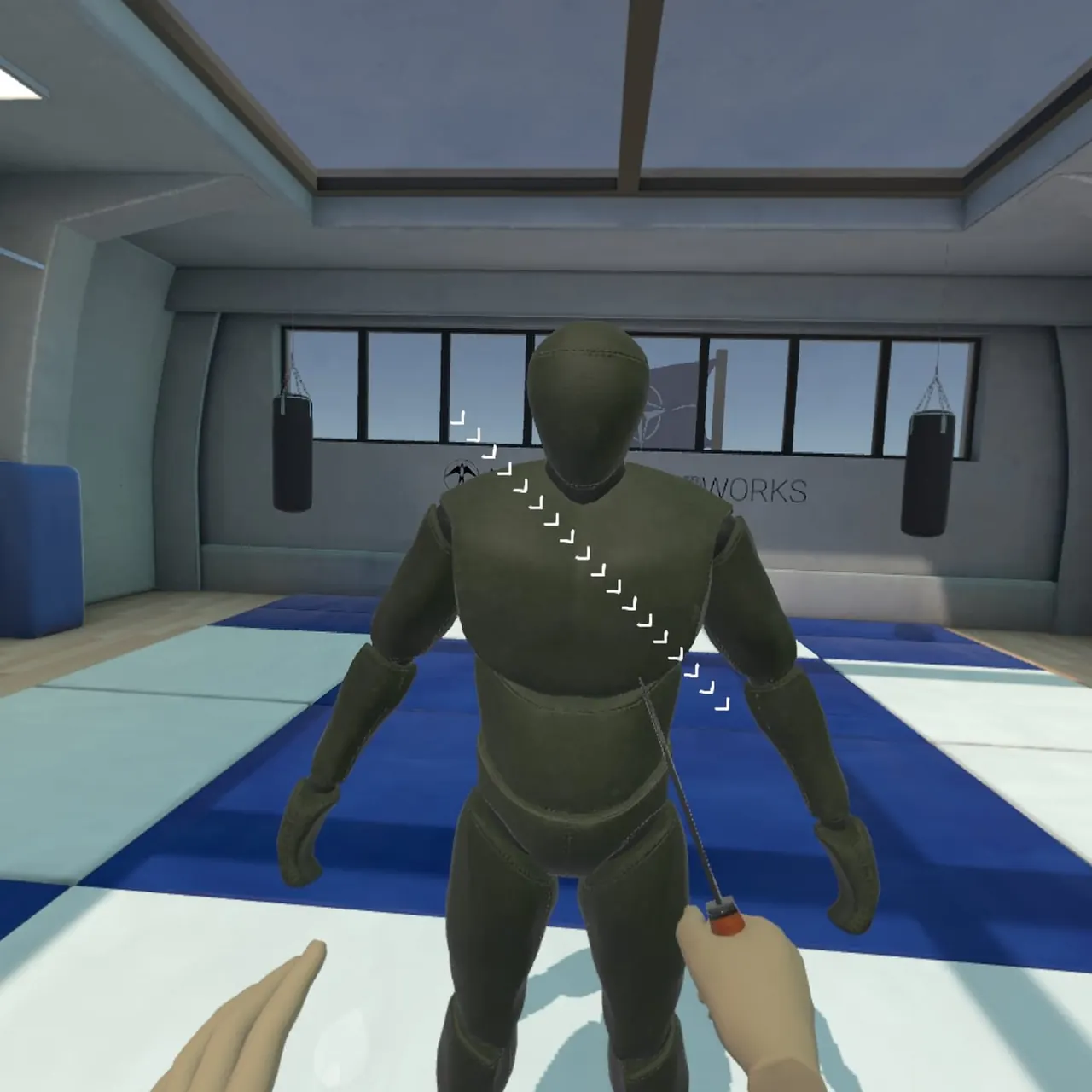Knife VR: a cutting arc marked on the virtual practice dummy