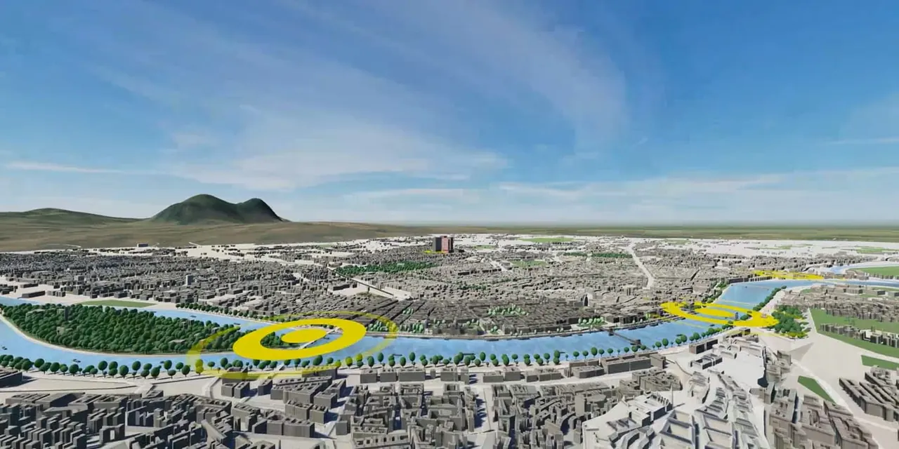 RSOE shipping-safety demonstrator: the Danube cityscape from above, with yellow marker rings