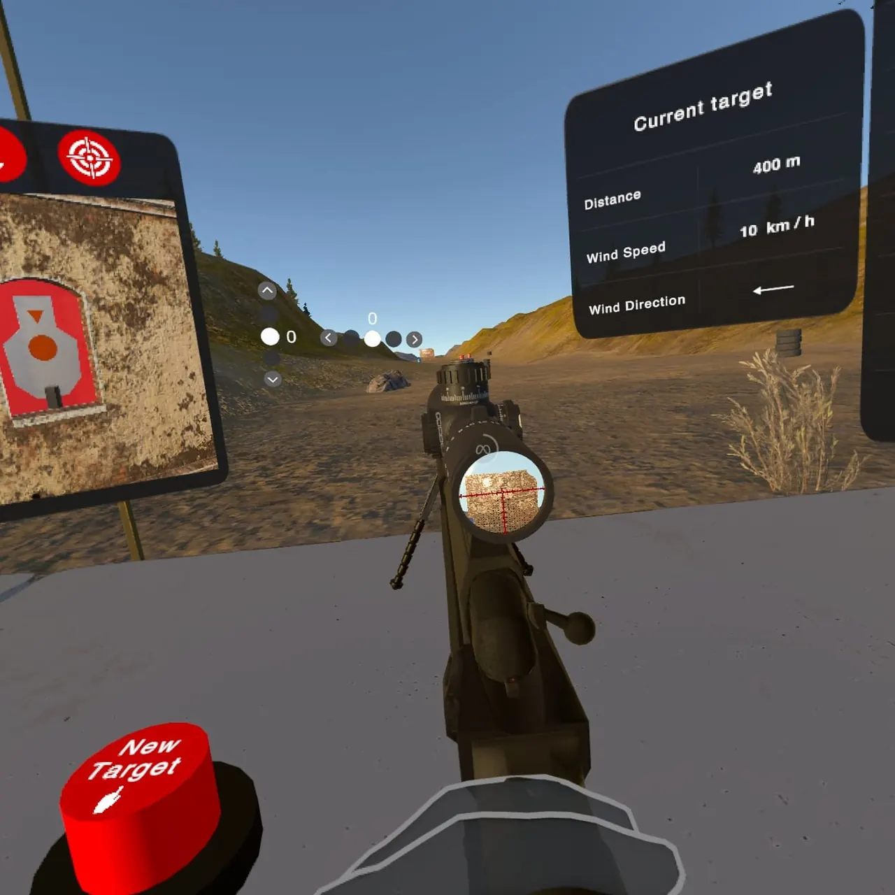 Sniper VR: the scope view on the virtual range, with distance and wind data