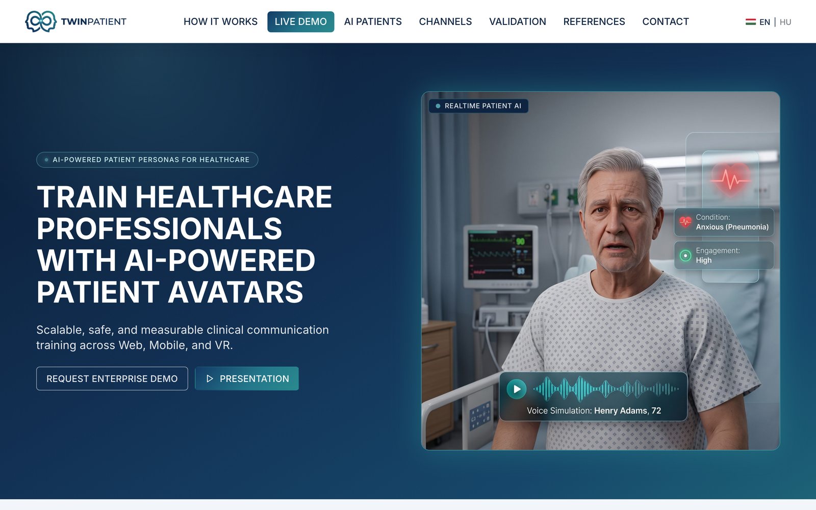 Screenshot of the Twinpatient website: AI patient avatar in a hospital room