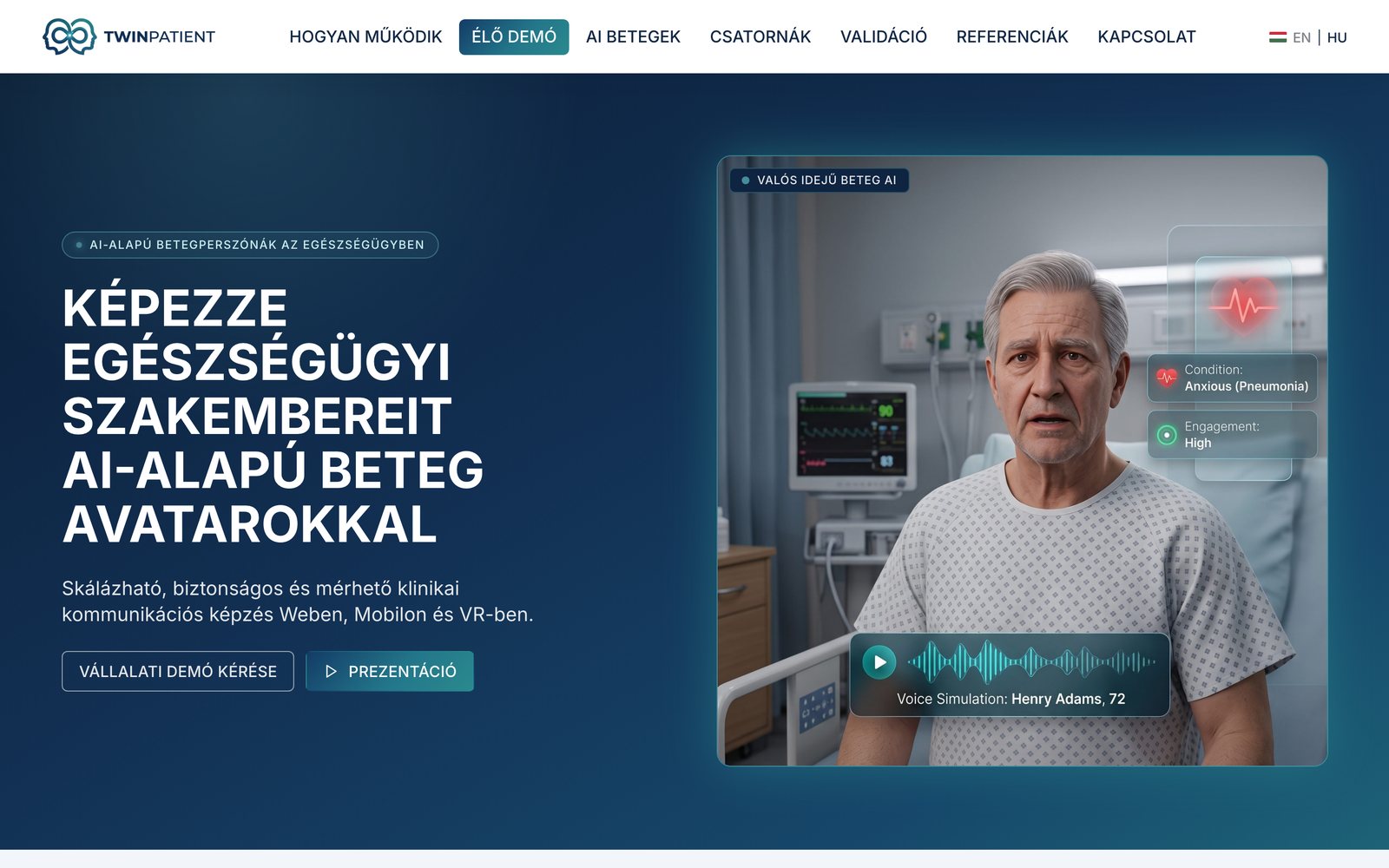 A Twinpatient weboldal képernyőképe: AI-betegavatar kórházi szobában